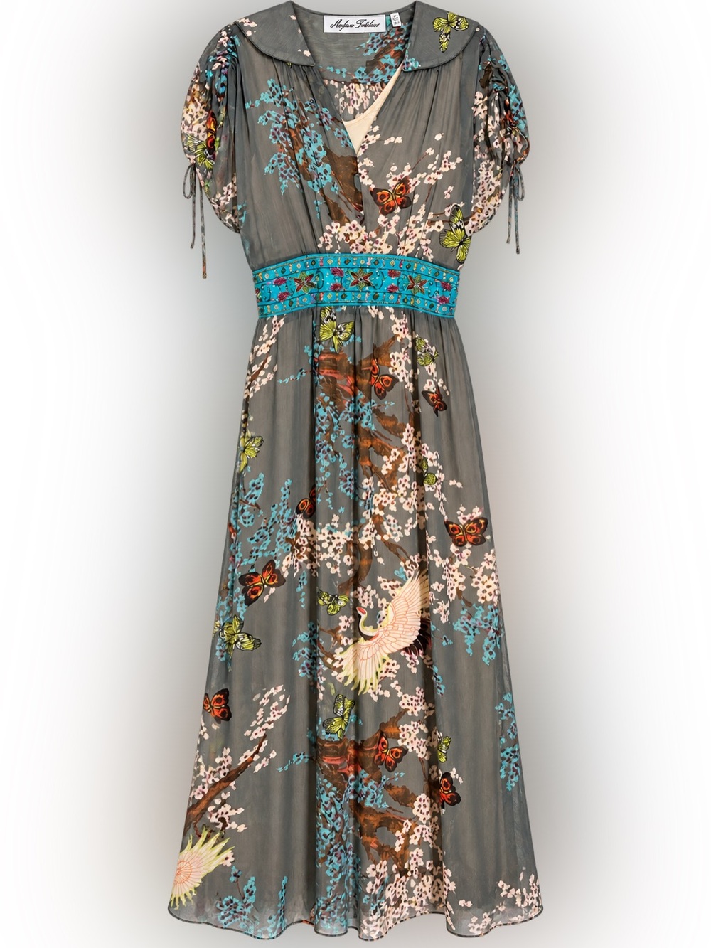 Meghan Fabulous Maxi Dress Size Small Crane Butterfly Floral Asian Print Y2K